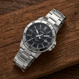 Casio Men's Watch, Black Dial Silver Stainless Steel Strap, MTP-VD01D-1CVUDF