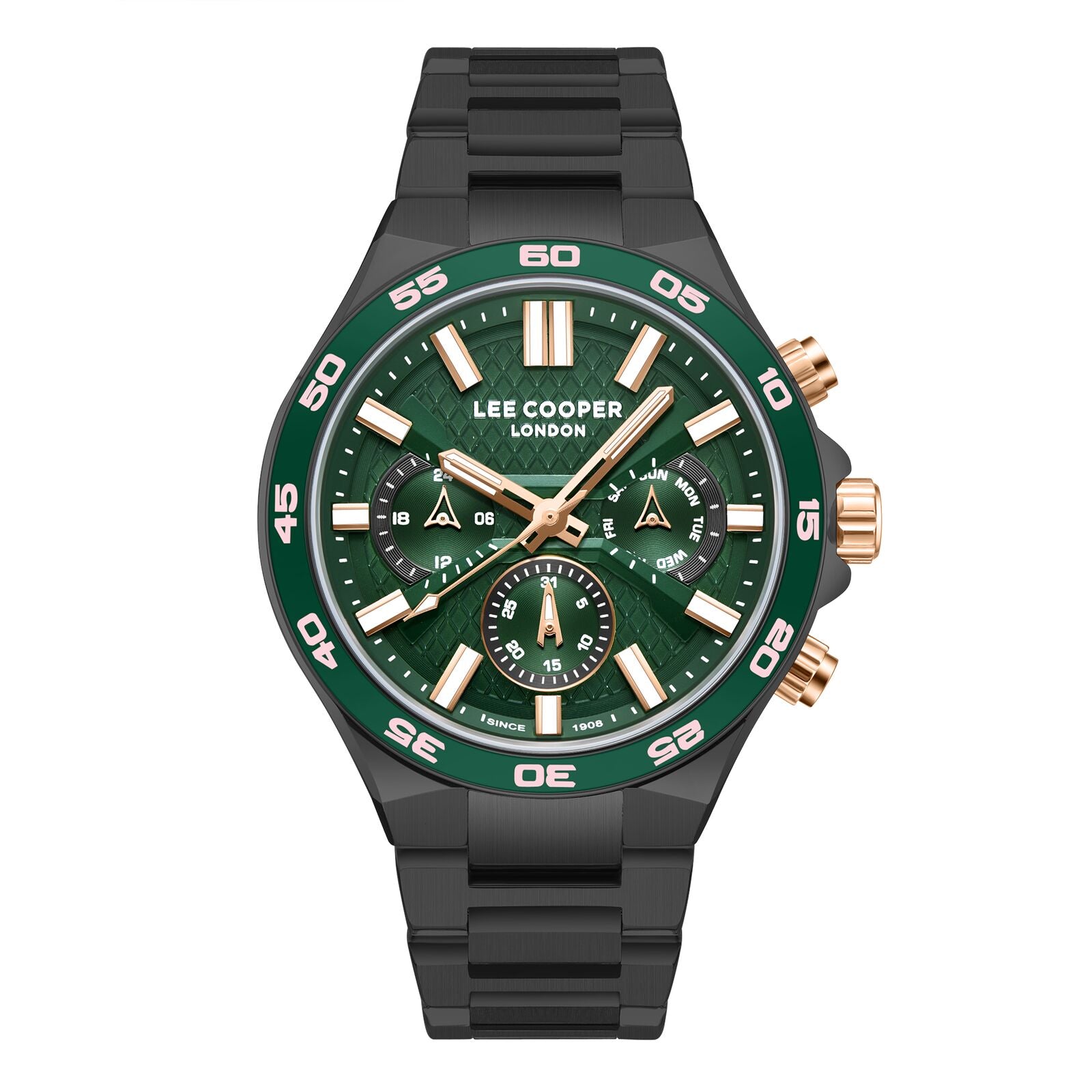 Lee Cooper Men's Watch Analog Green Dial with Black Stainless Steel Band, LC08067.070