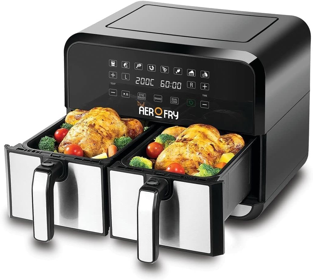 Black+Decker Digital Dual Zone Air Fryer 1700W 4L+4L Capacity, Frying, Grilling, Broiling, Roasting, and Baking, DZAF1700