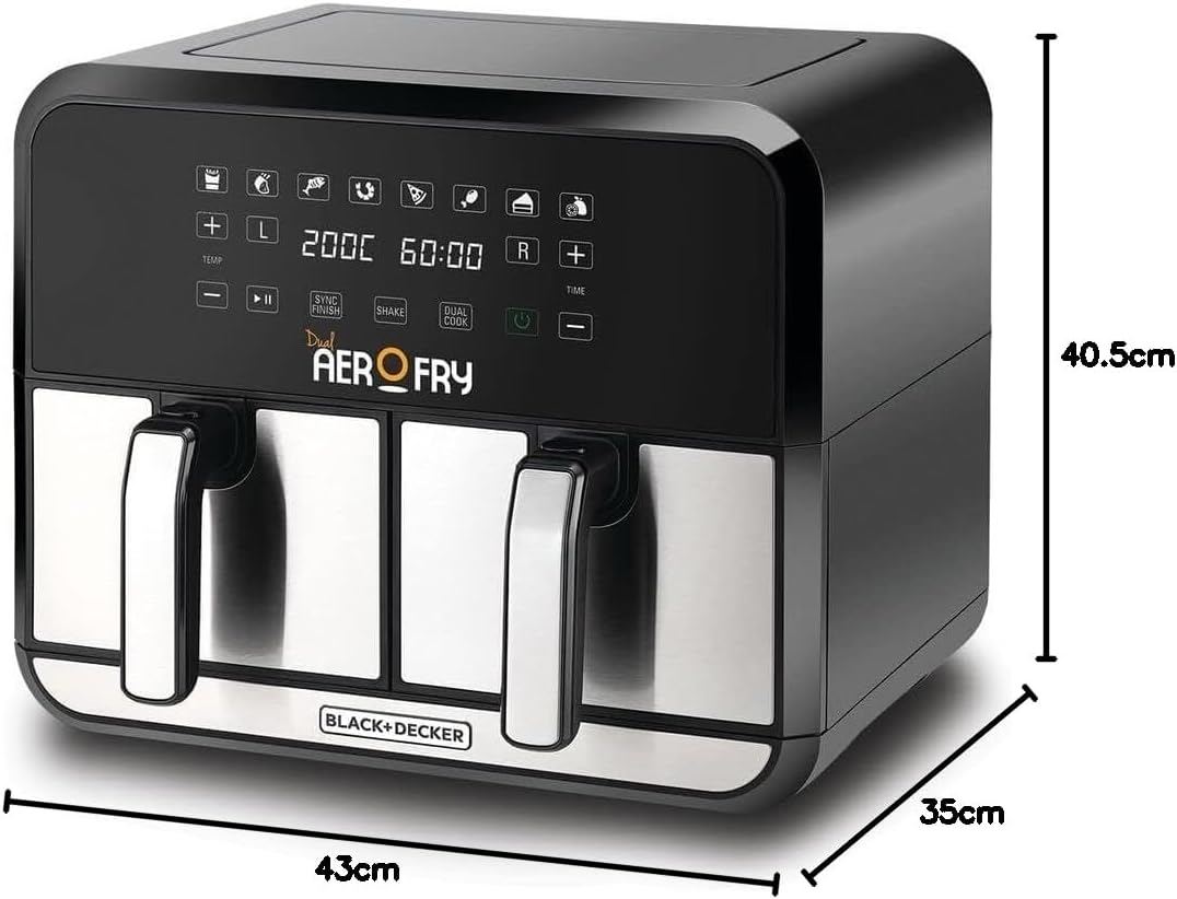 Black+Decker Digital Dual Zone Air Fryer 1700W 4L+4L Capacity, Frying, Grilling, Broiling, Roasting, and Baking, DZAF1700