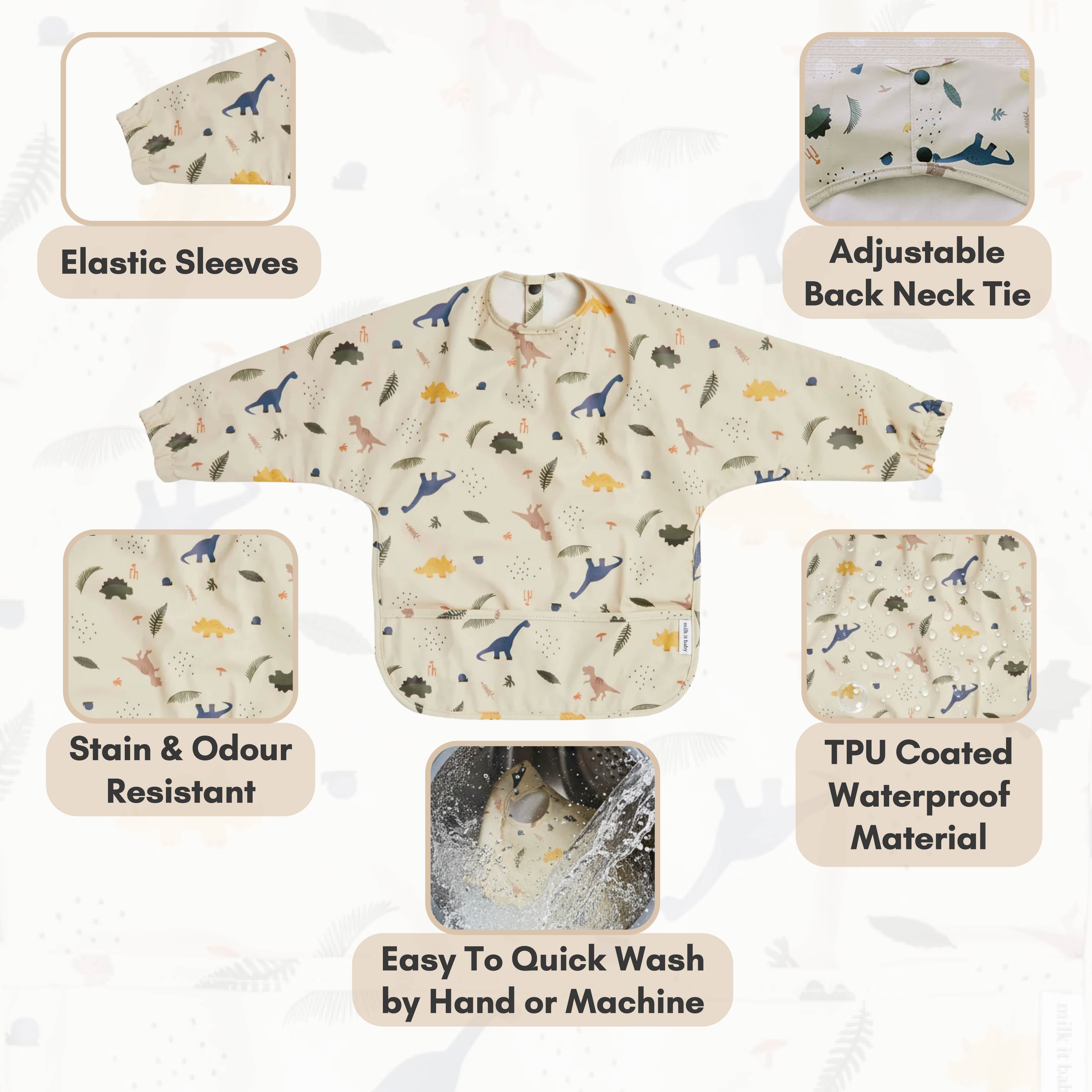 Milk It Baby Water Proof Sleeved Bib, Dino Dreams,MI-SBDD002