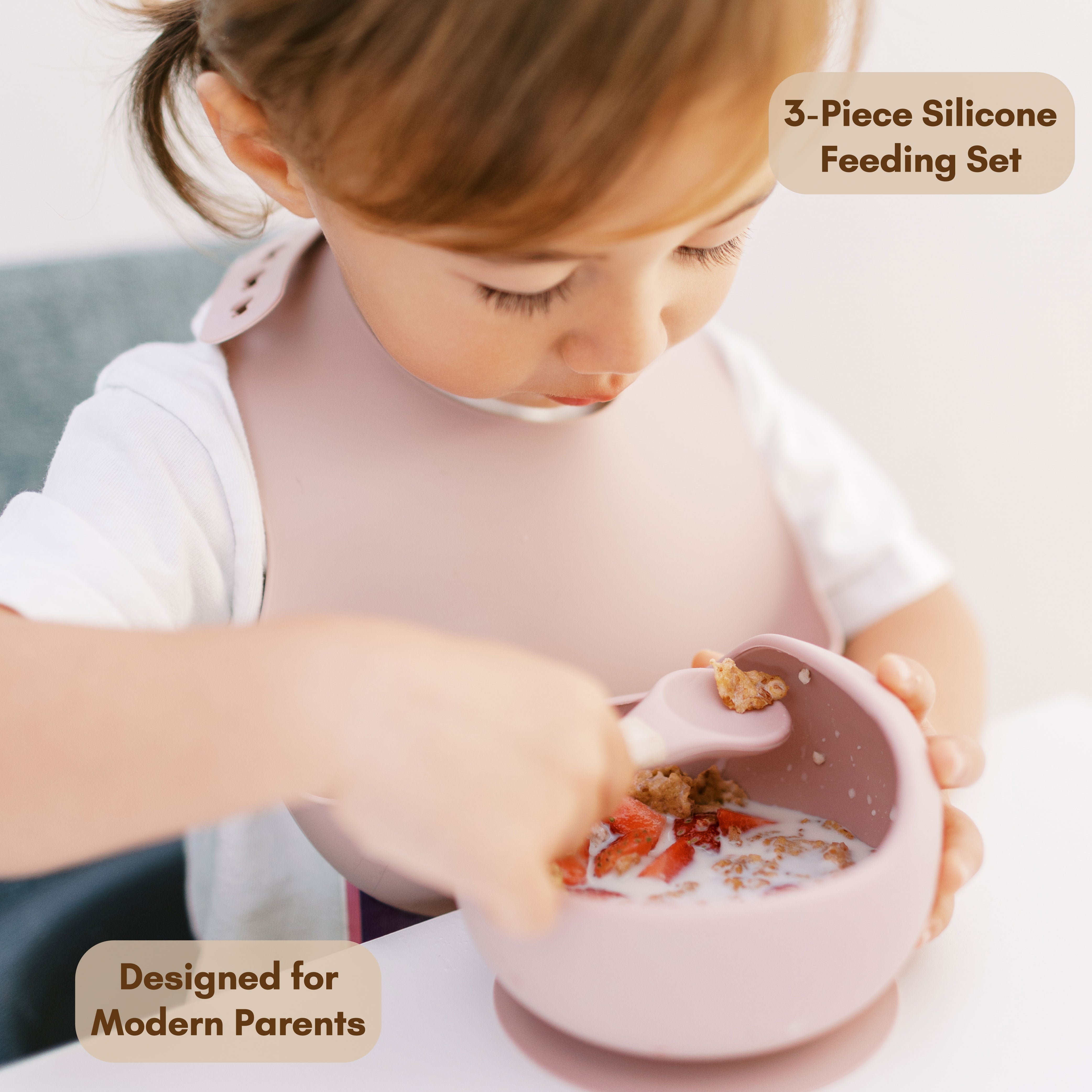 Milk It Baby Dusty Pink Bib & Bowl Set, 100% Food Grade Silicone Set, MI-BBDP003