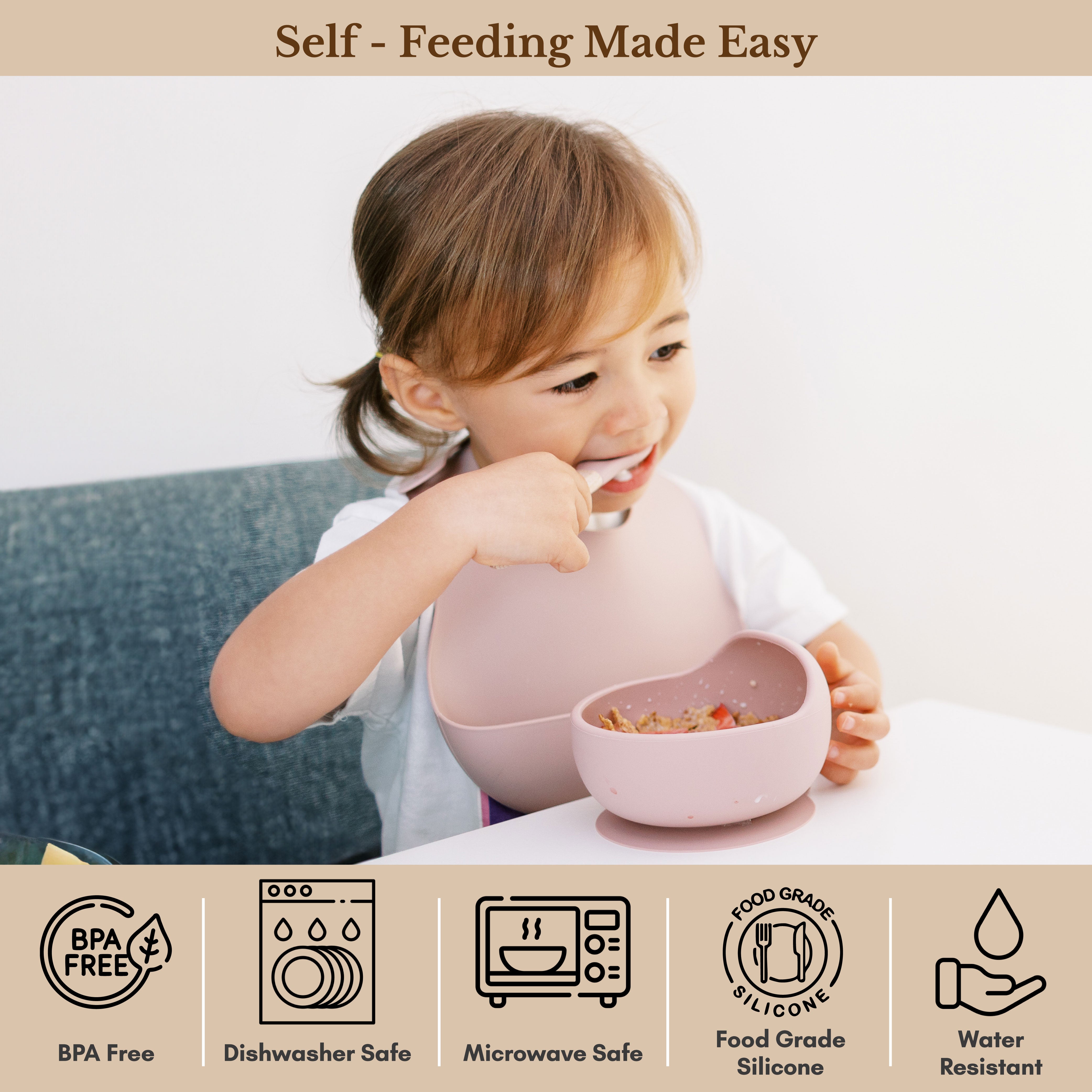 Milk It Baby Dusty Pink Bib & Bowl Set, 100% Food Grade Silicone Set, MI-BBDP003