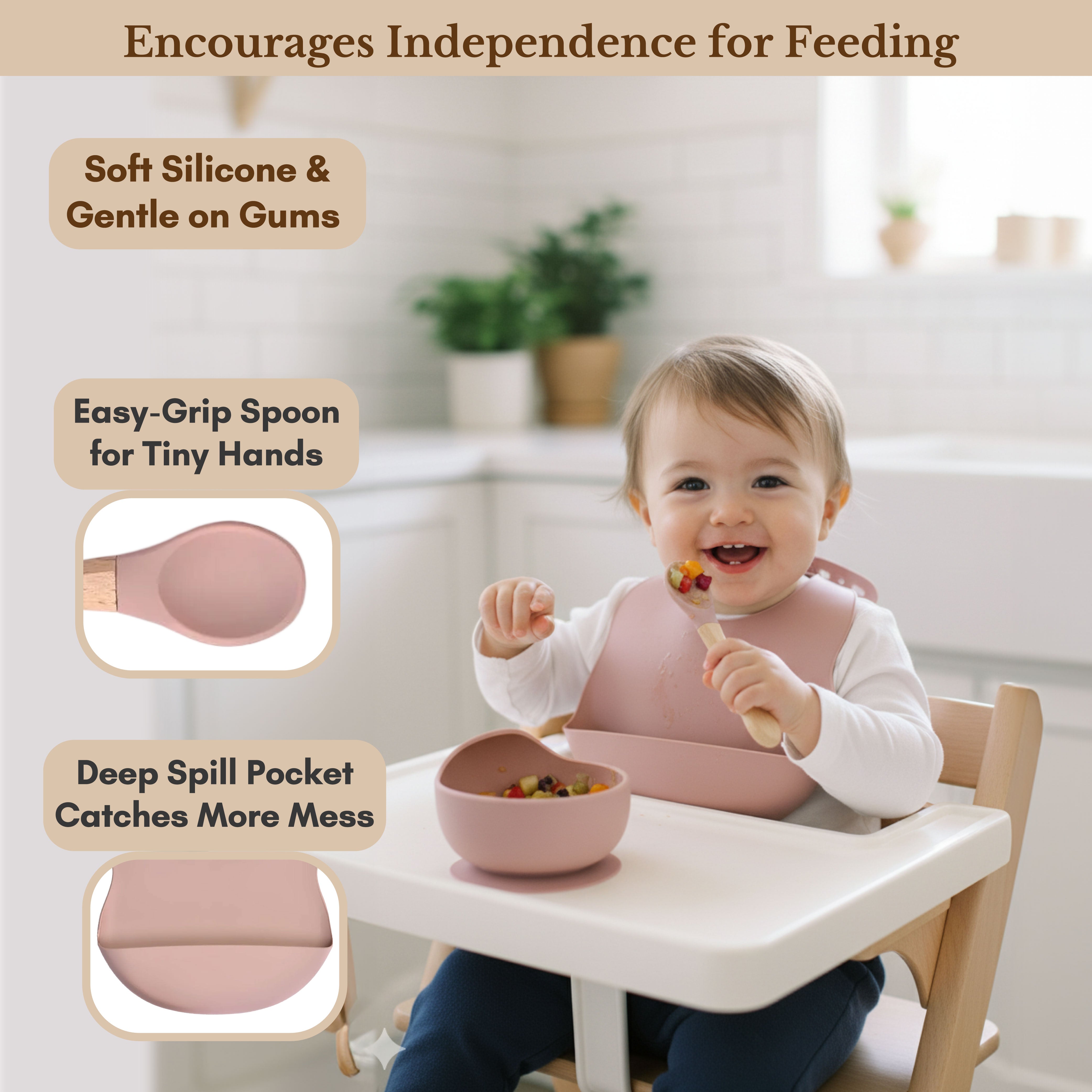 Milk It Baby Dusty Pink Bib & Bowl Set, 100% Food Grade Silicone Set, MI-BBDP003
