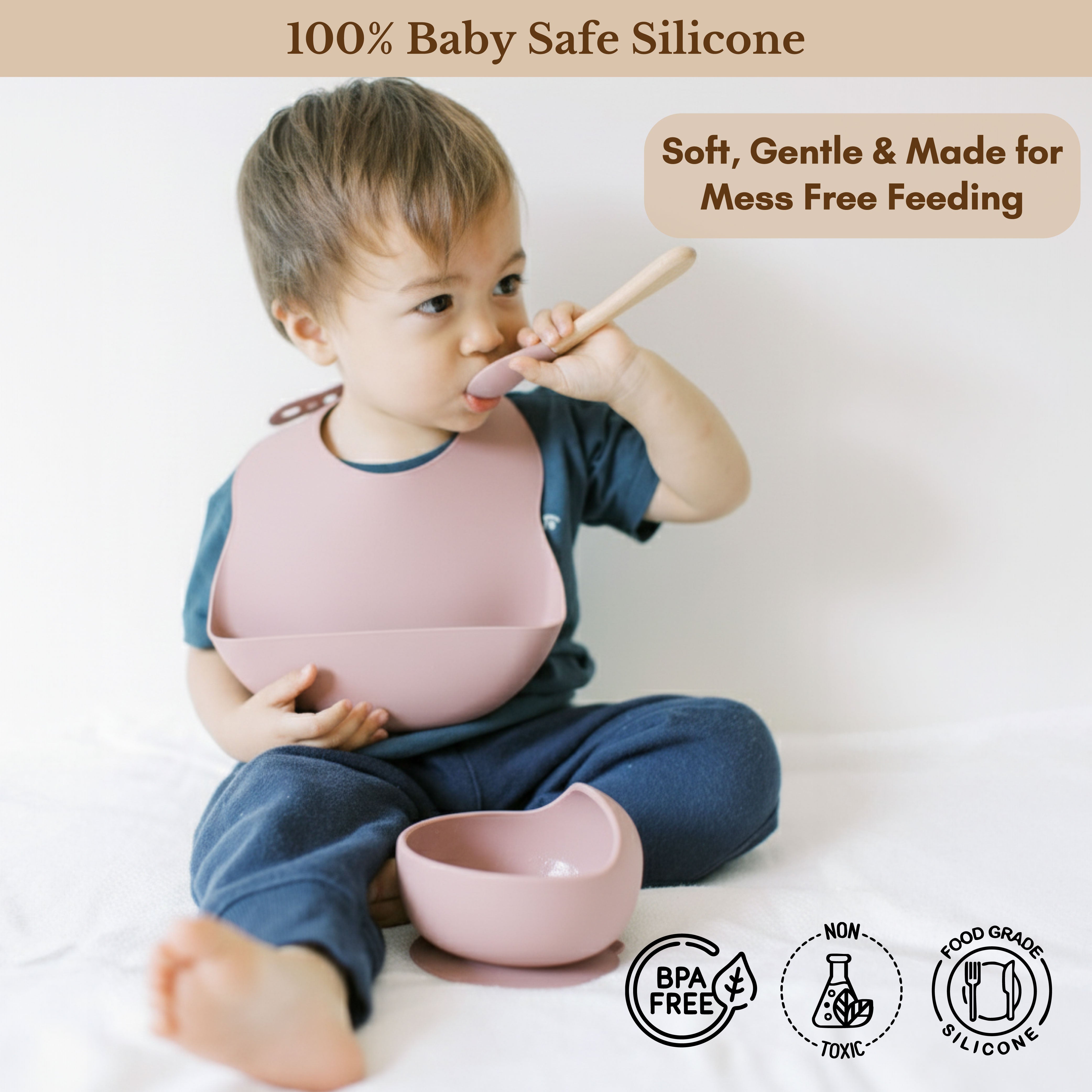 Milk It Baby Dusty Pink Bib & Bowl Set, 100% Food Grade Silicone Set, MI-BBDP003