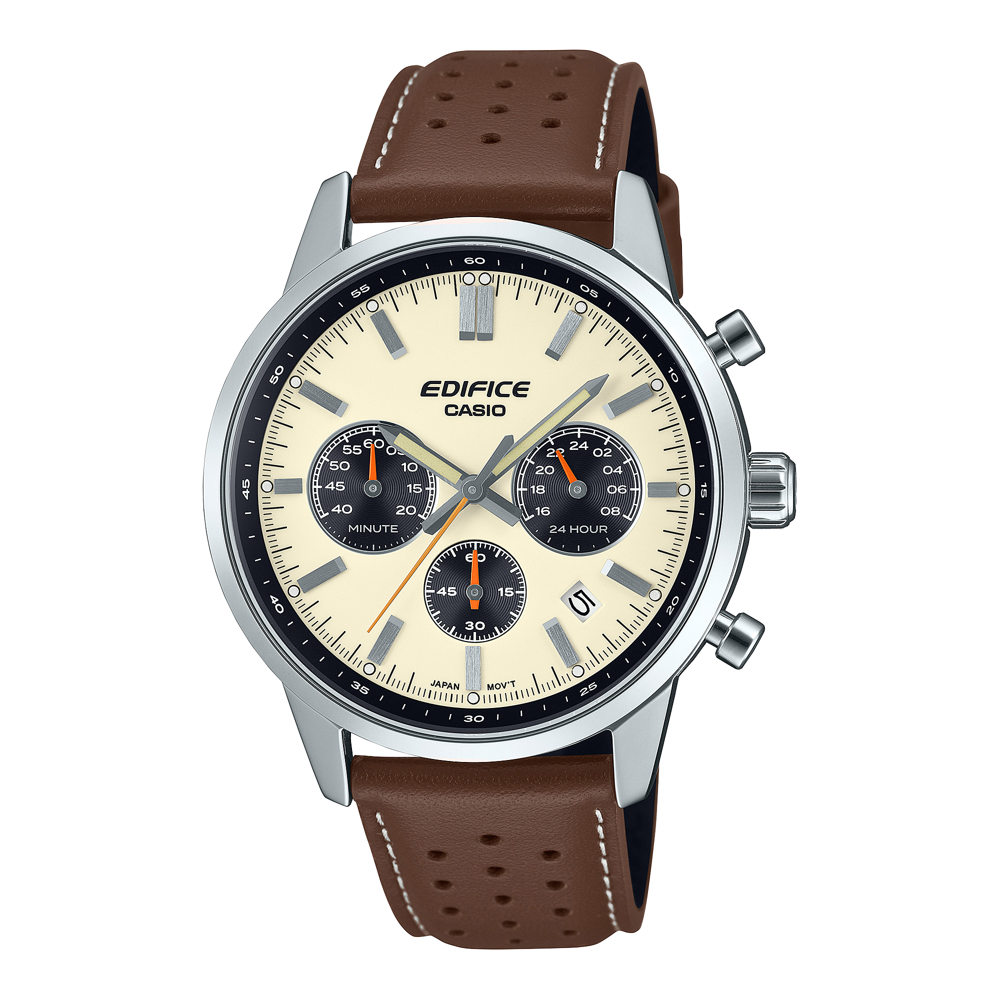 Edifice men's watch with beige dial and leather strap