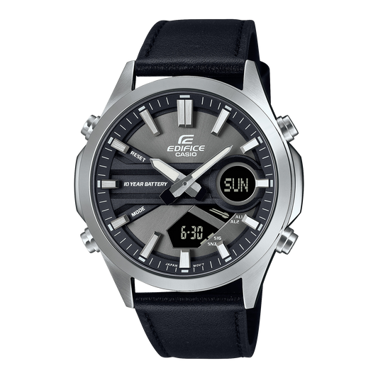 Edifice men analog watch, grey dial with black leather strap, model GS-EFV-C120L-8ADF, Bahrain