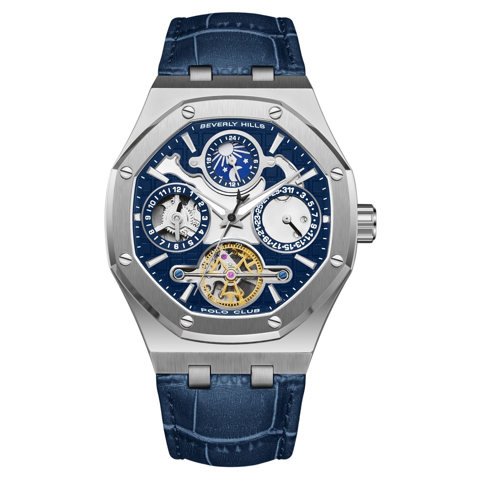 Beverly Hills Polo Club Men's Automatic Watch Analog Blue Dial with Blue Leather Strap,  BP3787X.399