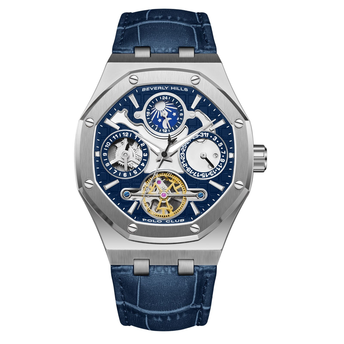 Beverly Hills Polo Club Men's Automatic Watch Analog Blue Dial with Blue Leather Strap,  BP3787X.399