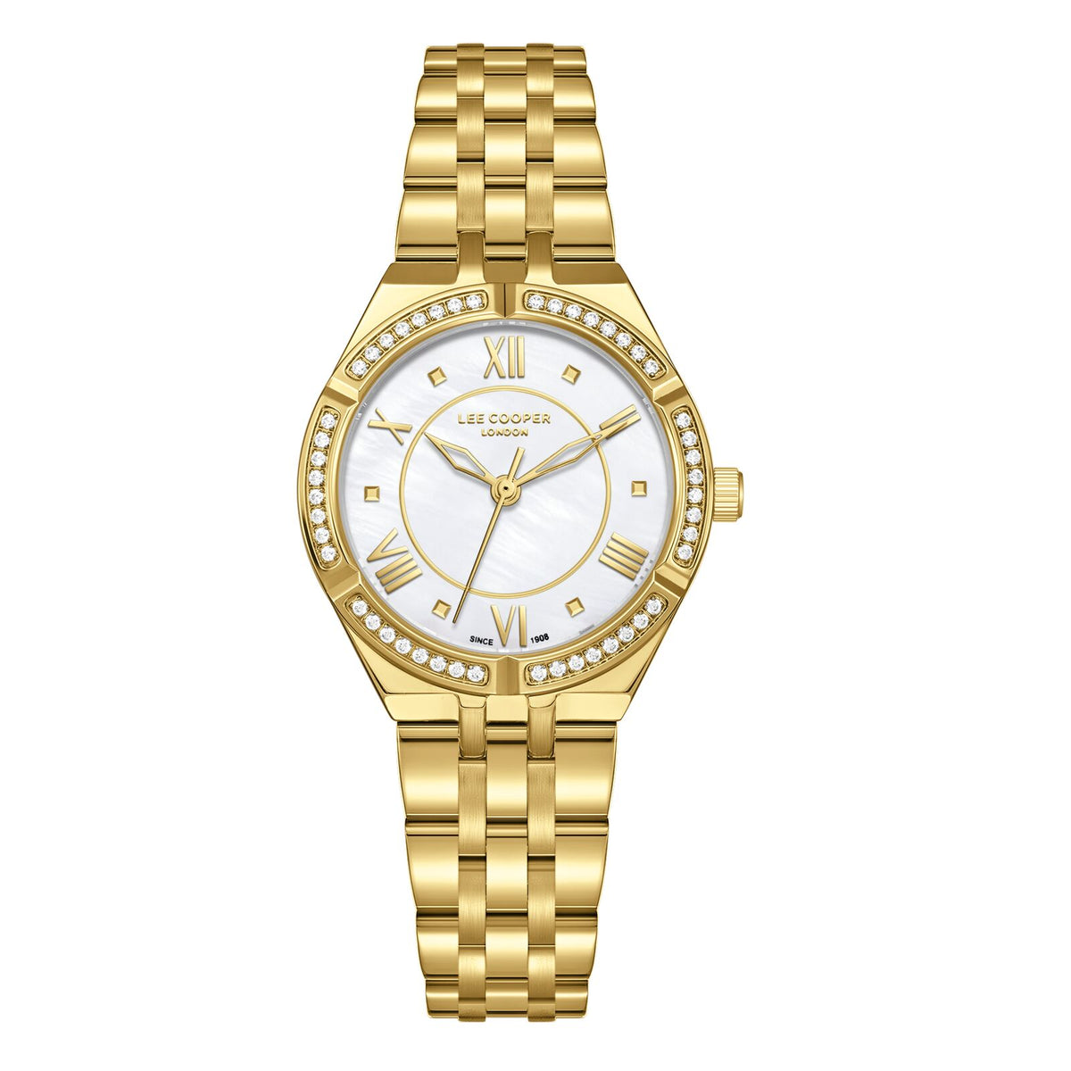 Lee Cooper Women's Watch Analog Mother of Pearl Dial with Gold Stainless Steel Band, LC08132.120