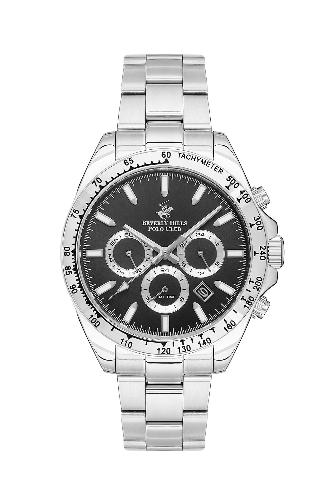 Beverly Hills Polo Club Men's Watch Analog Black Dial with Silver Stainless Steel Band, BP3127X.350