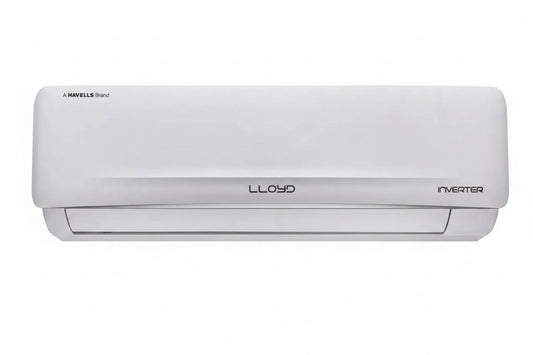 A Lloyd inverter wall-mounted air conditioner split unit in white, featuring an energy efficiency sticker on the left and the Lloyd brand name in the center.