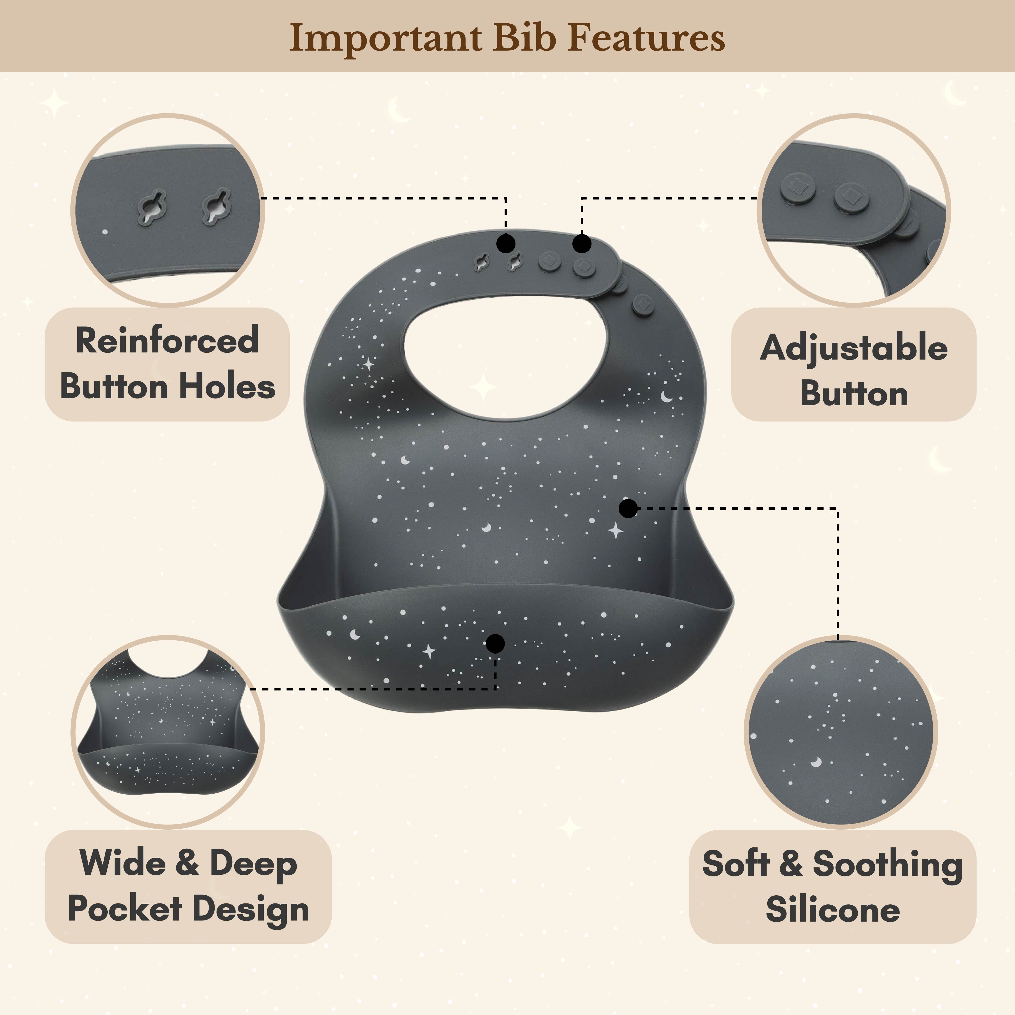 Milk It Baby Printed Bib Galaxy Grey, 100% Food Grade Silicone Bib, MI-SBGG009