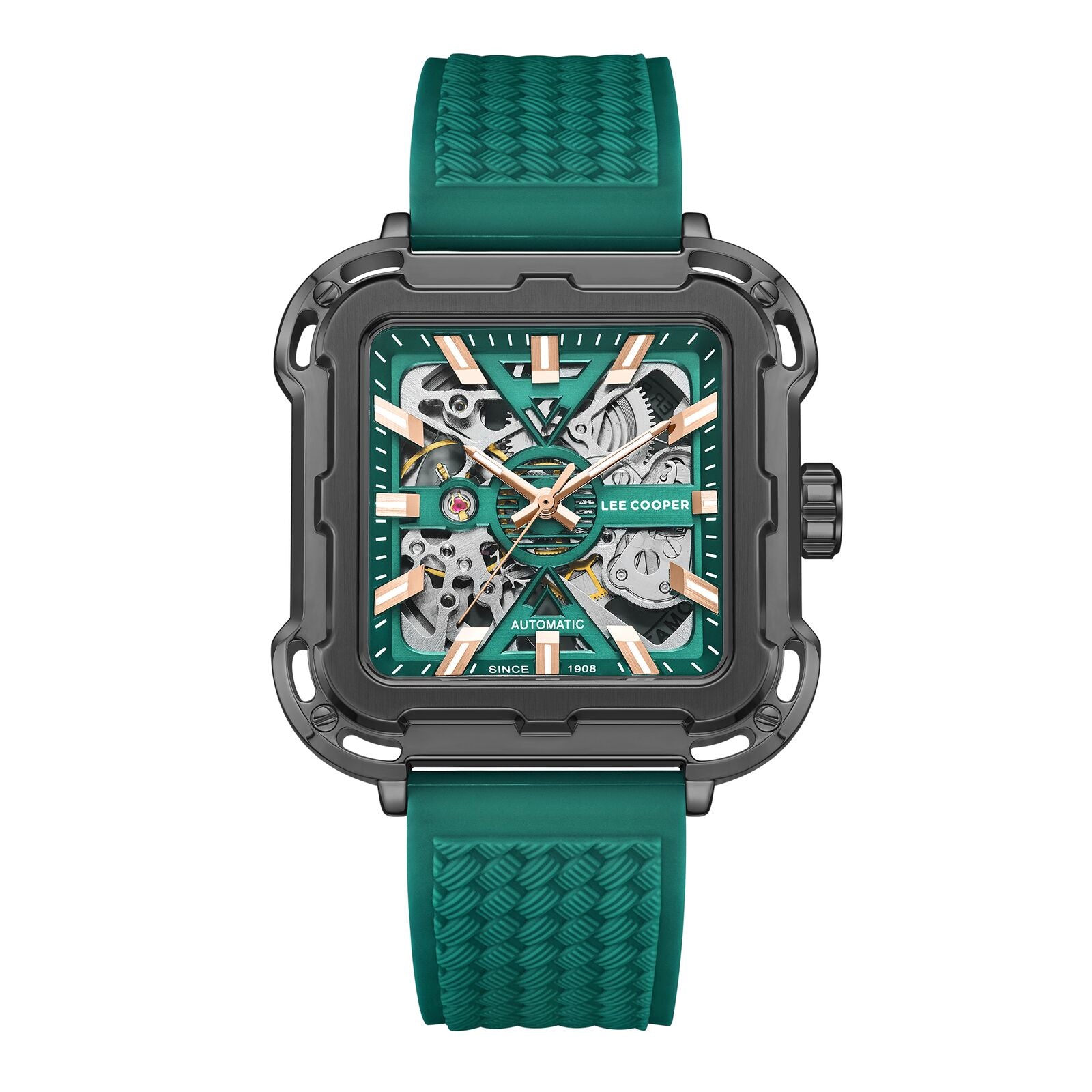 Lee Cooper Men's Automatic Watch Analog Black Dial with Green Resin Strap, LC08072.067
