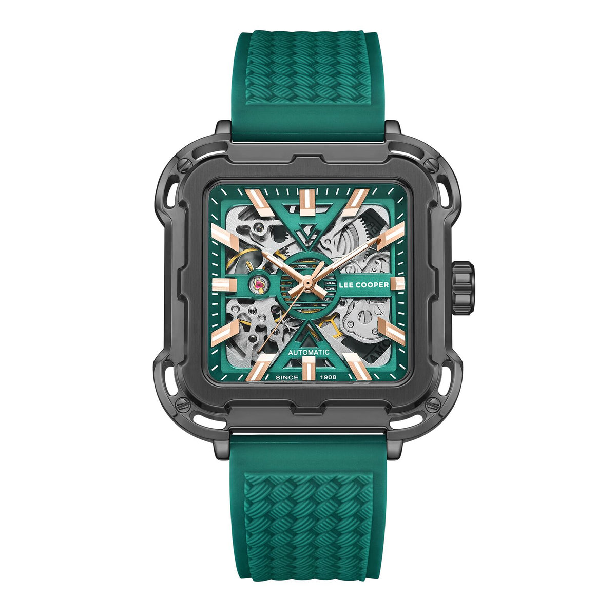 Lee Cooper Men's Automatic Watch Analog Black Dial with Green Resin Strap, LC08072.067