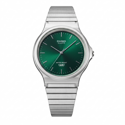 Casio Unisex Analog Watch Green Dial with Silver Stainless Steel Band, MQ-24DA-3ADF