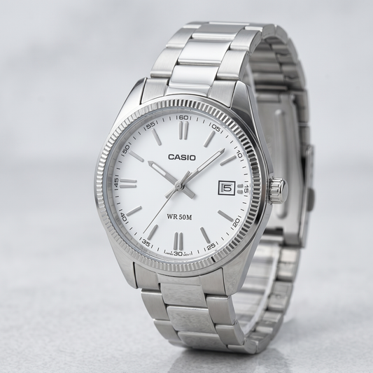 Casio Unisex Analog Watch White Dial with Silver Stainless Steel Band, UTP-1302PD-7AVDF