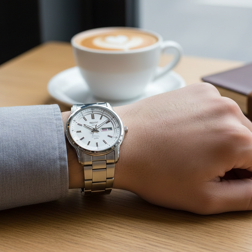 Seiko Men's Mechanical Watch Analog, White Dial with Silver Stainless Band, SNKP09K