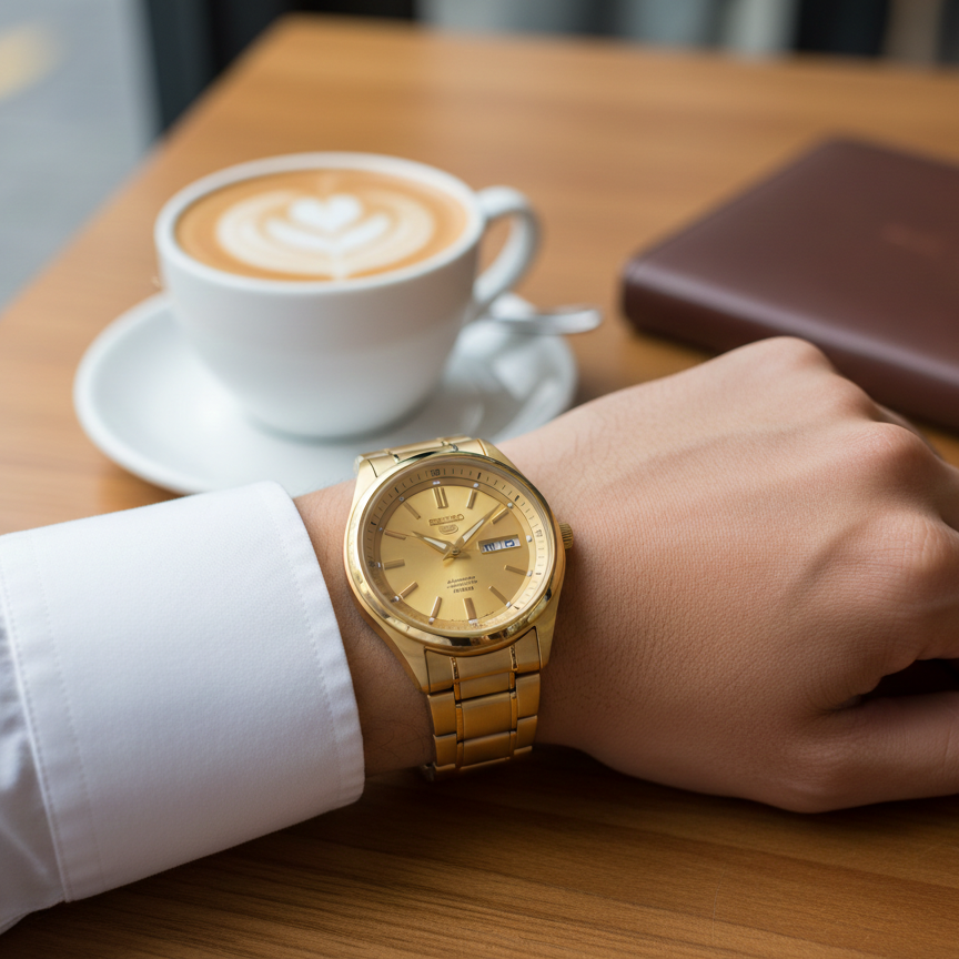 Seiko Men's Mechanical Watch Analog, Gold Dial with Gold Stainless Band, SNKN62K