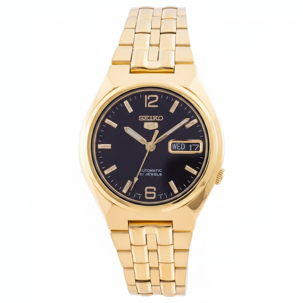 Seiko Men's Mechanical Watch Analog, Black Dial with Gold Stainless Band, SNKL66K