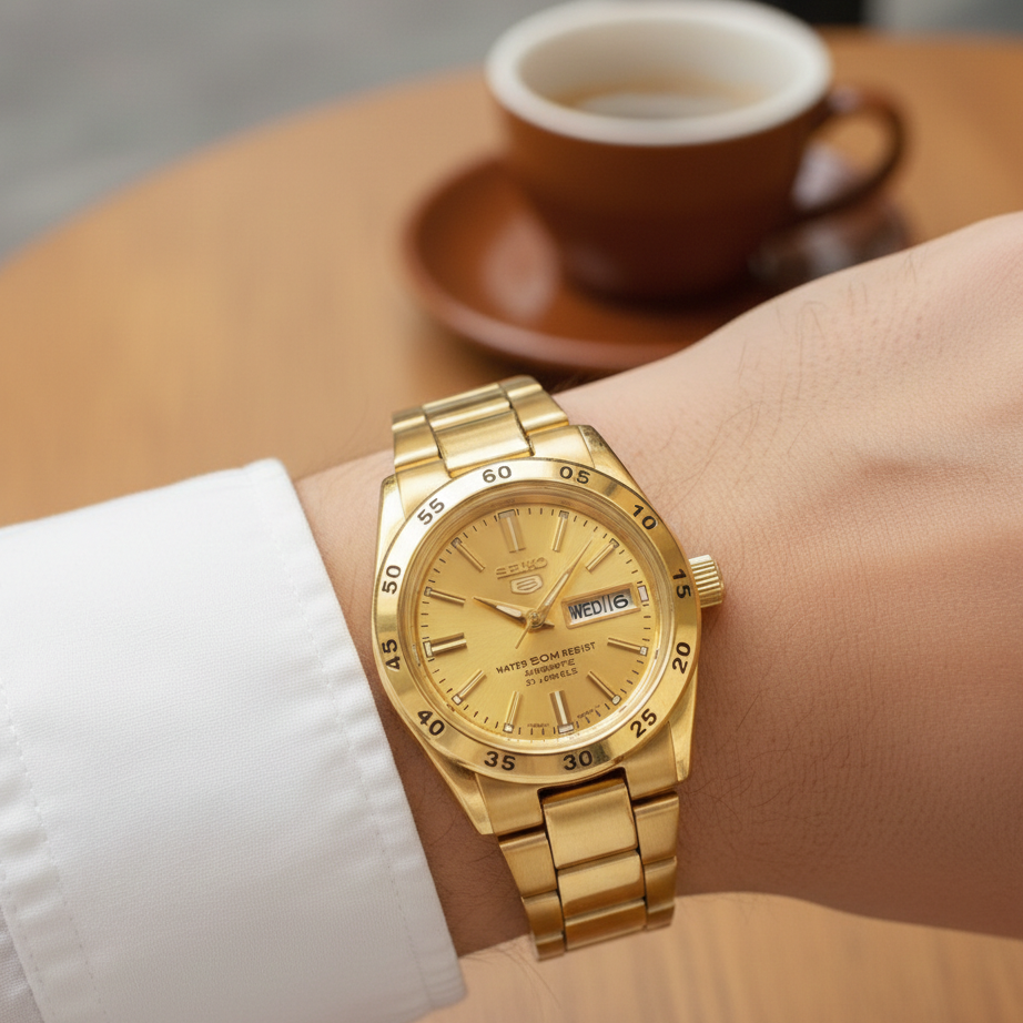 Seiko Women's Mechanical Watch Analog, Gold Dial with Gold Stainless Band, SYMG44K