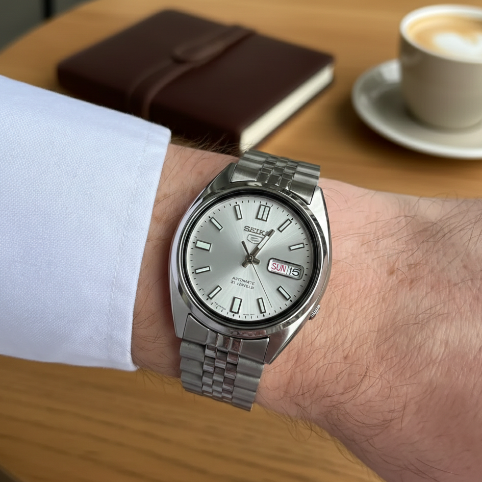 Seiko Men's Mechanical Watch Analog, Silver Dial with Silver Stainless Band, SNXS73K