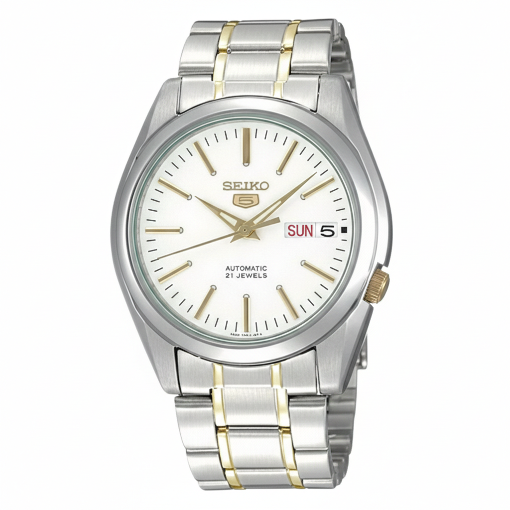 Seiko Men's Mechanical Watch Analog, White Dial with Two Tone Stainless Band, SNKL47K
