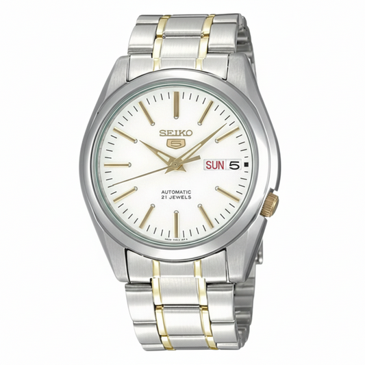 Seiko Men's Mechanical Watch Analog, White Dial with Two Tone Stainless Band, SNKL47K authentic Seiko watch with original box and warranty papers