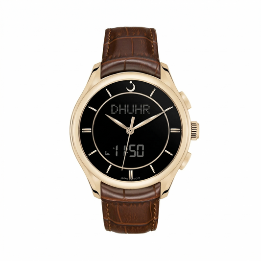 Alfajr Islamic Prayer Men's Analog-Digital Watch Black Dial With Brown Leather Strap, WK-26LS