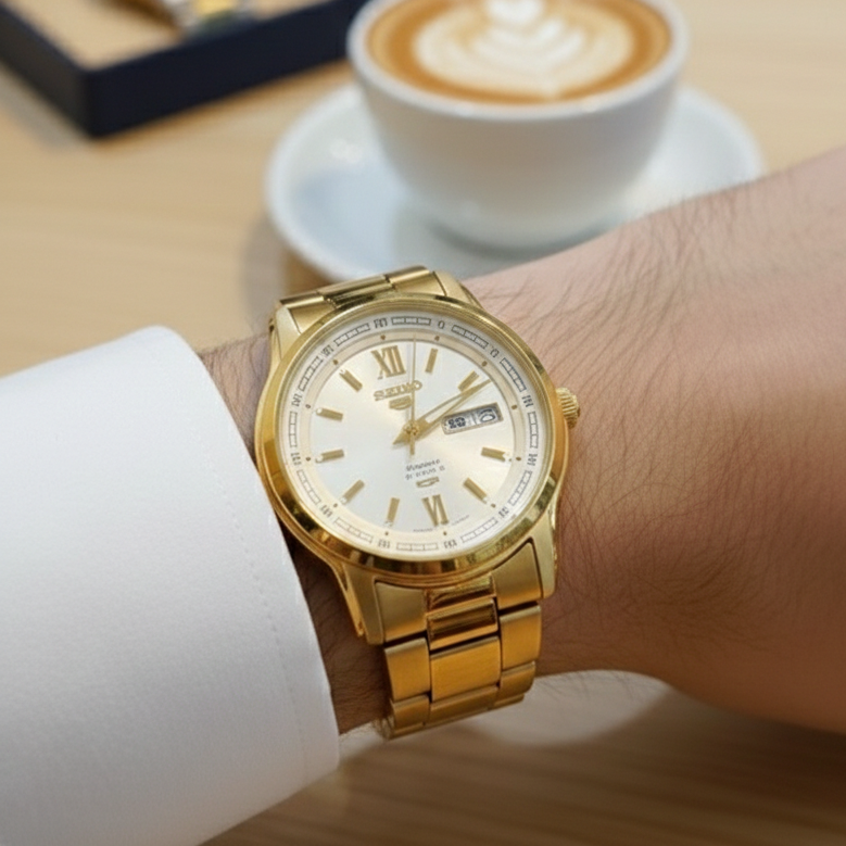 Seiko Men's Mechanical Watch Analog, Gold Dial with Gold Stainless Band, SNKP20K