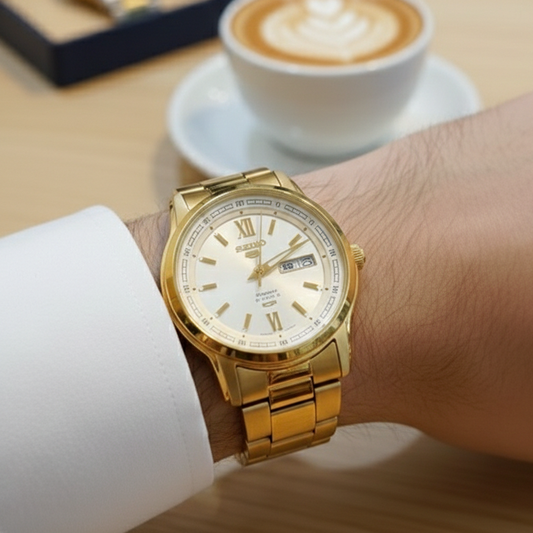 Seiko Men's Mechanical Watch Analog, Gold Dial with Gold Stainless Band, SNKP20K