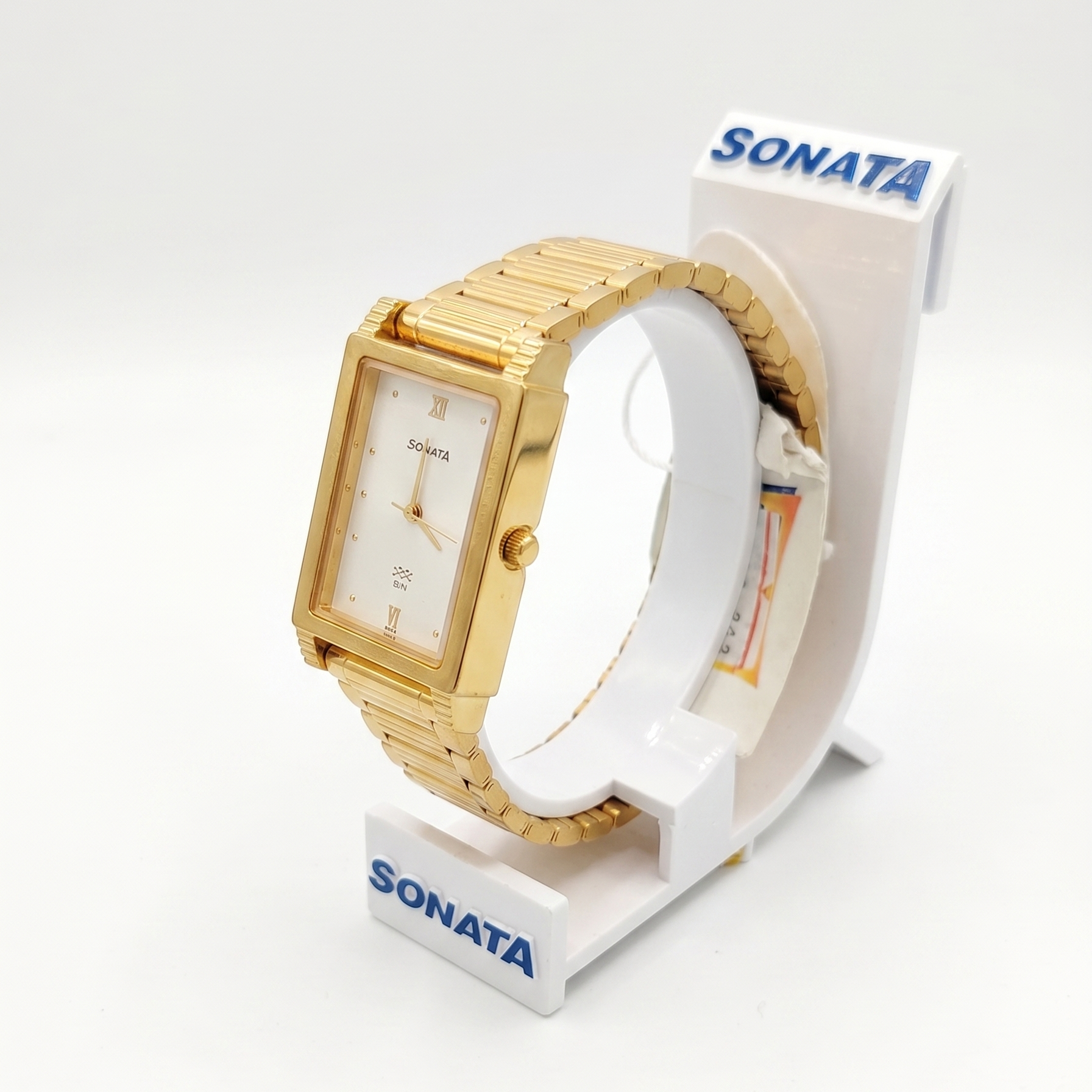 Sonata Men's Watch Analog White Dial With Gold Stainless Steel Band, 7058YM01