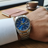 Seiko Men's Mechanical Watch Analog, Blue Dial with Silver Stainless Band, SNK615K