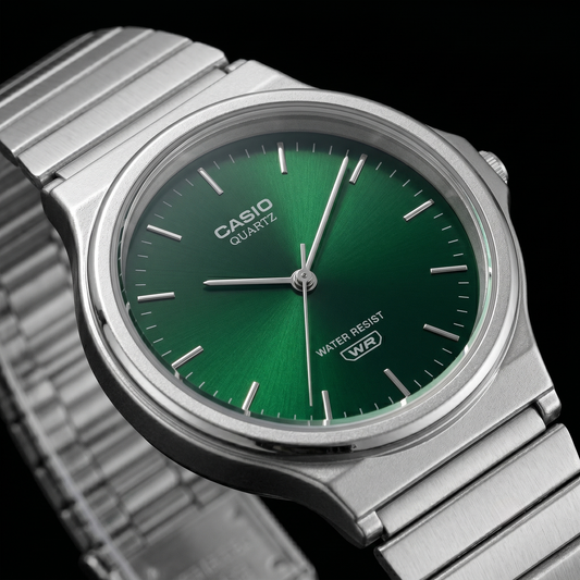 Casio Unisex Analog Watch Green Dial with Silver Stainless Steel Band, MQ-24DA-3ADF
