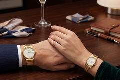 Titan Couple Watch Analog, Champagne Dial Gold Stainless Strap, 1580YM04P