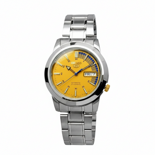 Seiko Men's Mechanical Watch Analog, Yellow Dial with Silver Stainless Band, SNKK29K authentic Seiko watch with original box and warranty papers