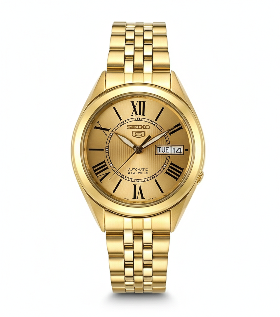 Seiko Men's Mechanical Watch Analog, Gold Dial with Gold Stainless Band, SNKL38K authentic Seiko watch with original box and warranty papers