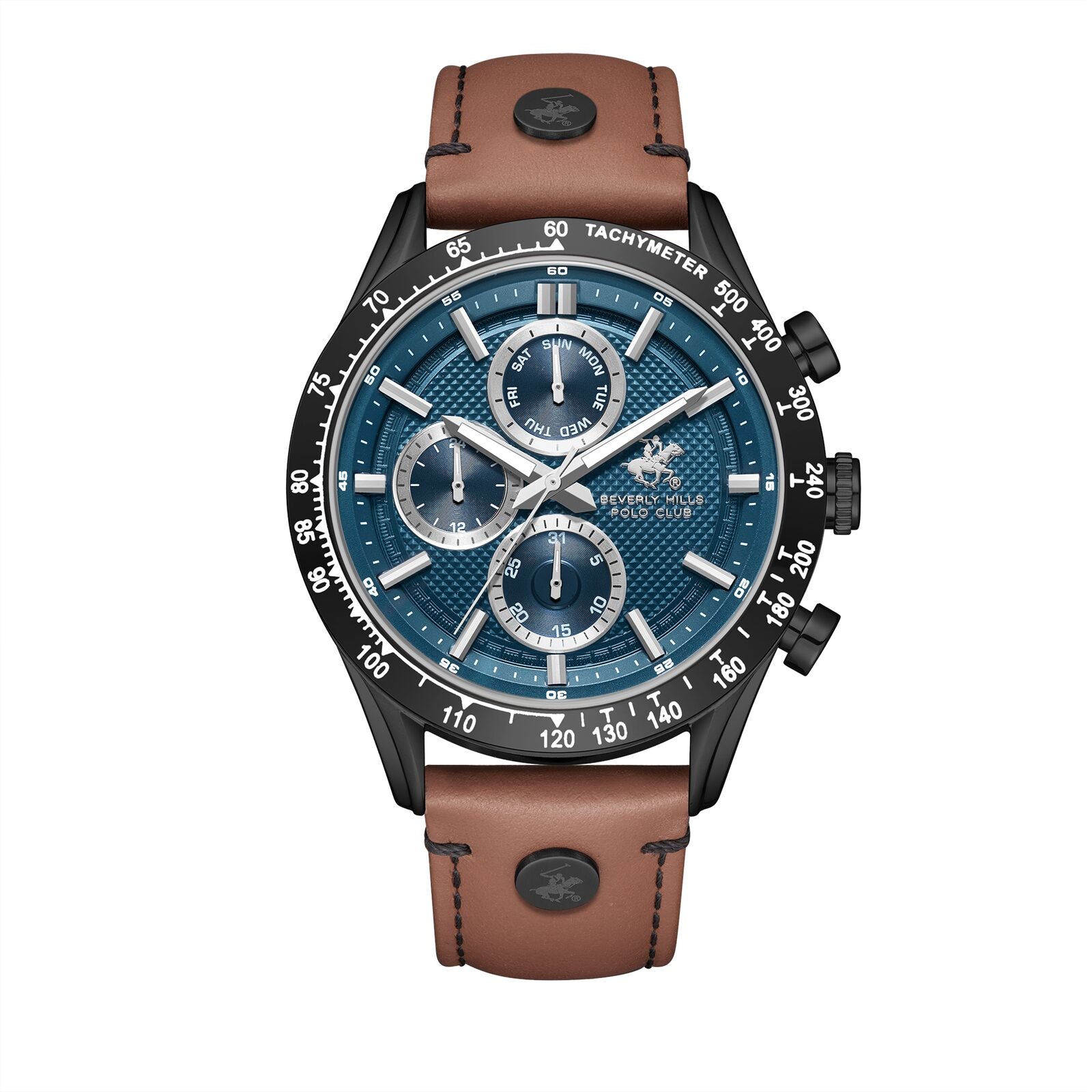 Beverly Hills Polo Club Men's Watch Analog Blue Dial With Brown Leather Strap, BP3659X.692