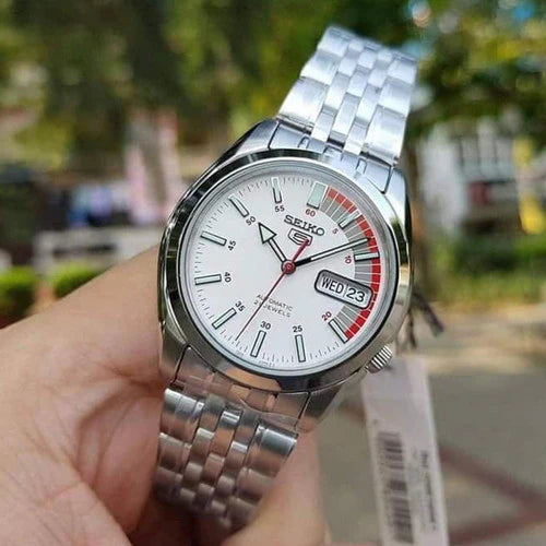 Seiko, Men's Mechanical Watch Analog, White Dial Silver Stainless Steel Band, SNK369K
