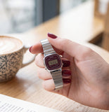 Casio, Women's Watch Vintage Collection Digital, Maroon Dial Silver Stainless Steel Band, LA670WA-4DF
