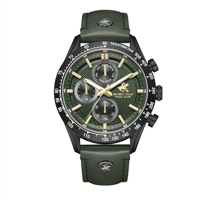 Beverly Hills Polo Club Men's Watch Analog Green Dial With Green Leather Strap, BP3659X.075