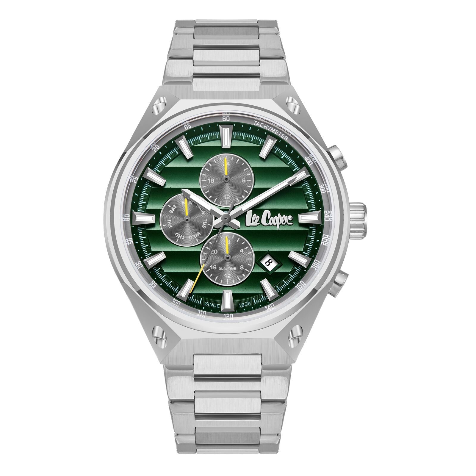 Lee Cooper Men's Watches Analog Green Dial with Silver Stainless Steel Band, LC08026.370