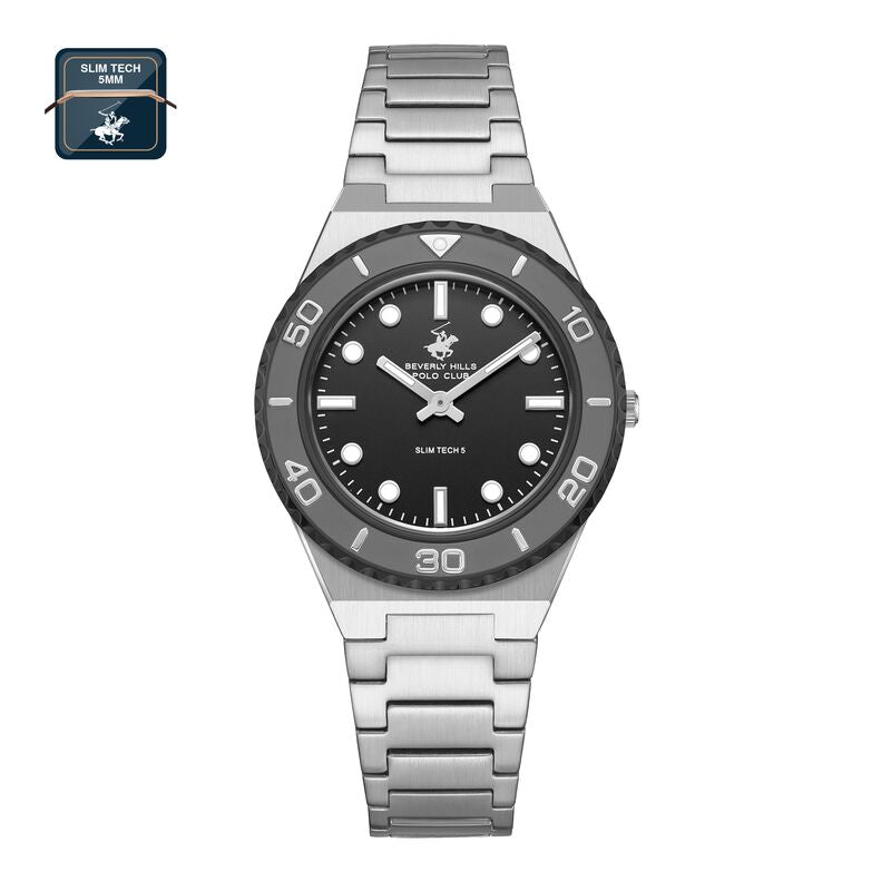 Beverly Hills Polo Club Slim Tech 5 Women's Watch Analog Black Dial with Silver Stainless Steel Band, BP3713X.350