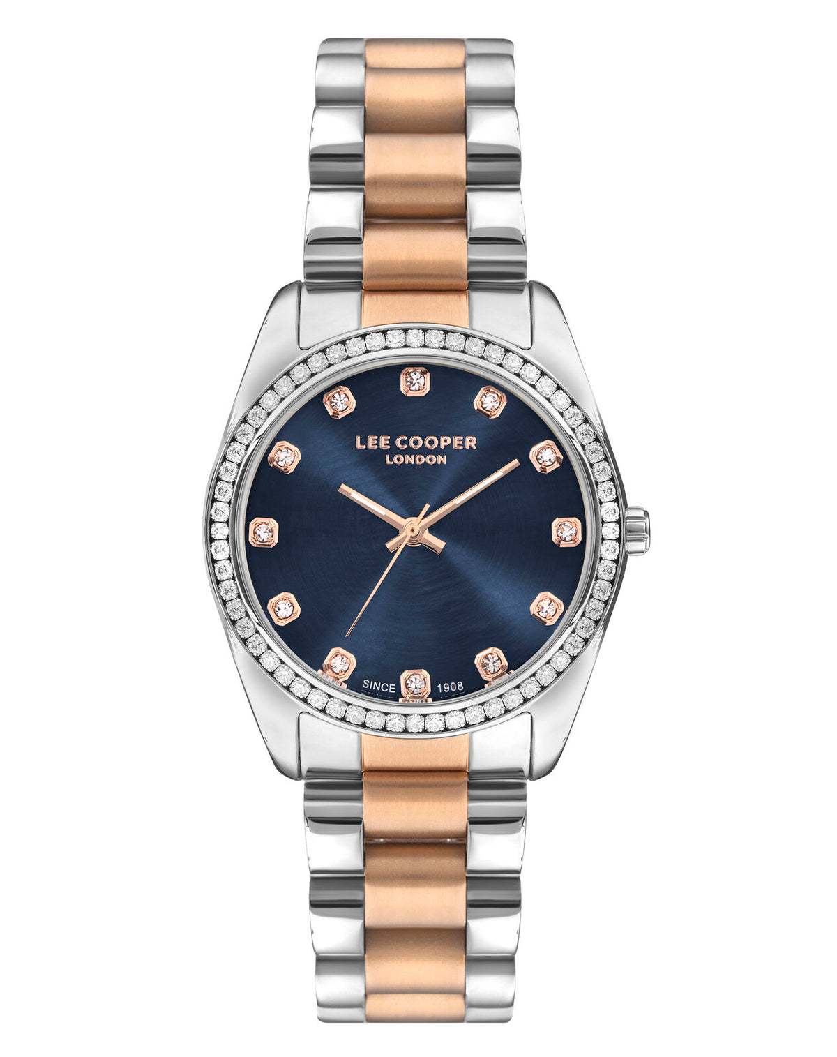 Lee Cooper Women's Analog Watch Dark Blue Dial With Two Toned Rose Gold Metal Band,LC07478.590