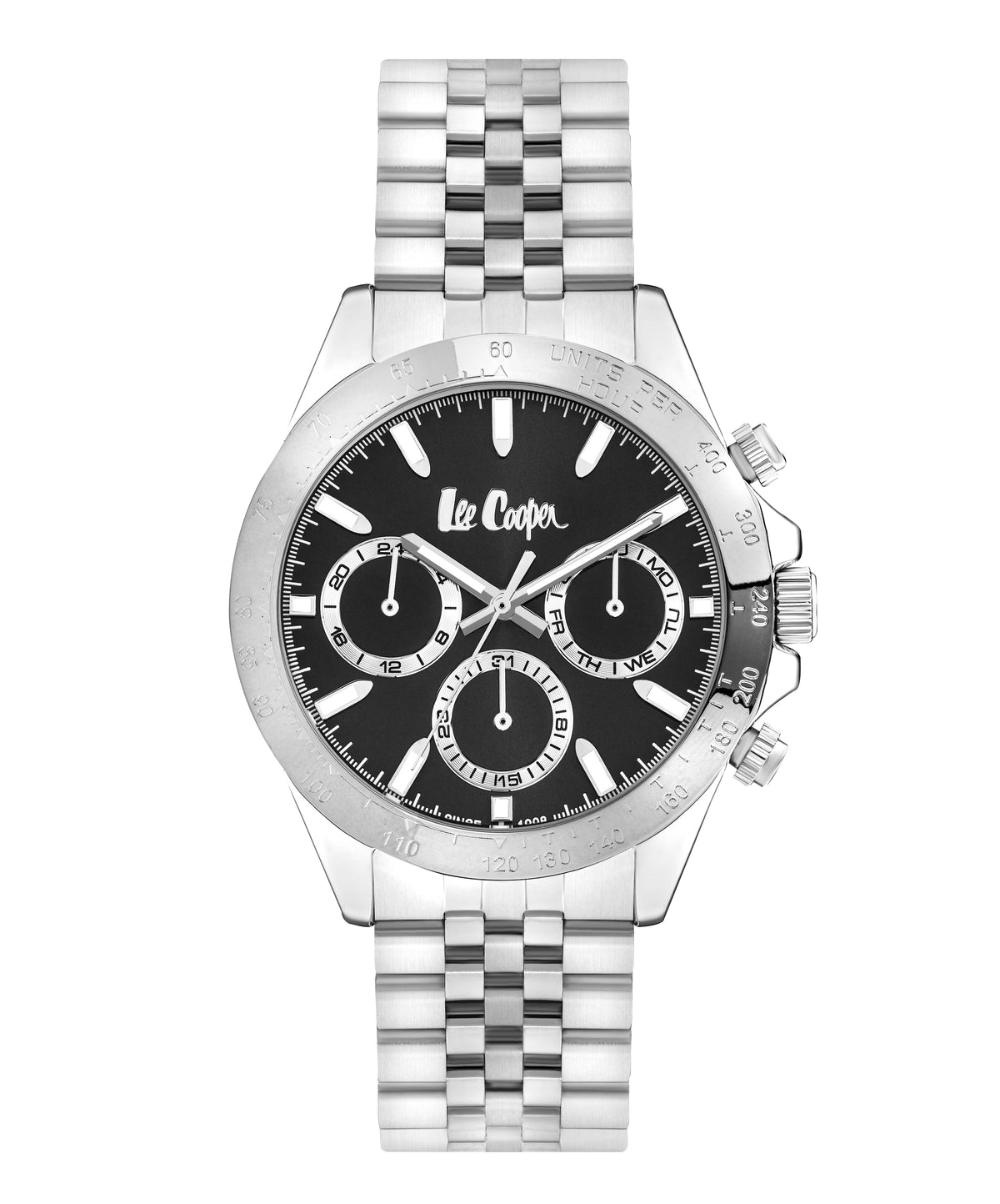 Lee Cooper Men's  Multifunction Watch Black Dial With Silver Metal Band,LC07963.350