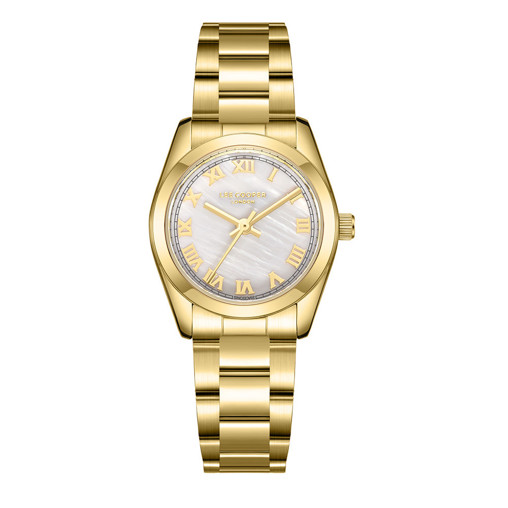 Lee Cooper Women's Analog Watch with White Mother Of Pearl Dial and Gold Stainless Steel Band, LC08190.120