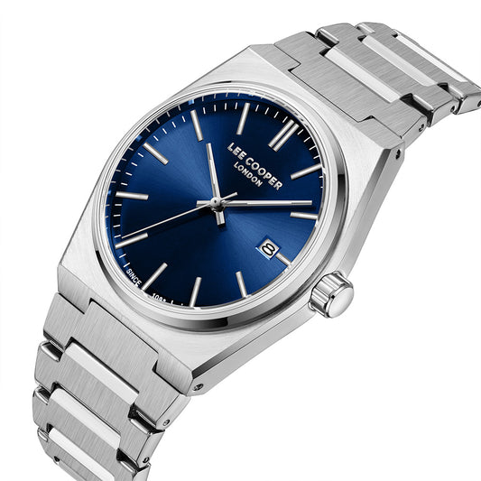 Lee Cooper Men's Date Analog Watch with Dark Blue Dial and Stainless Steel Band, LC08196.390
