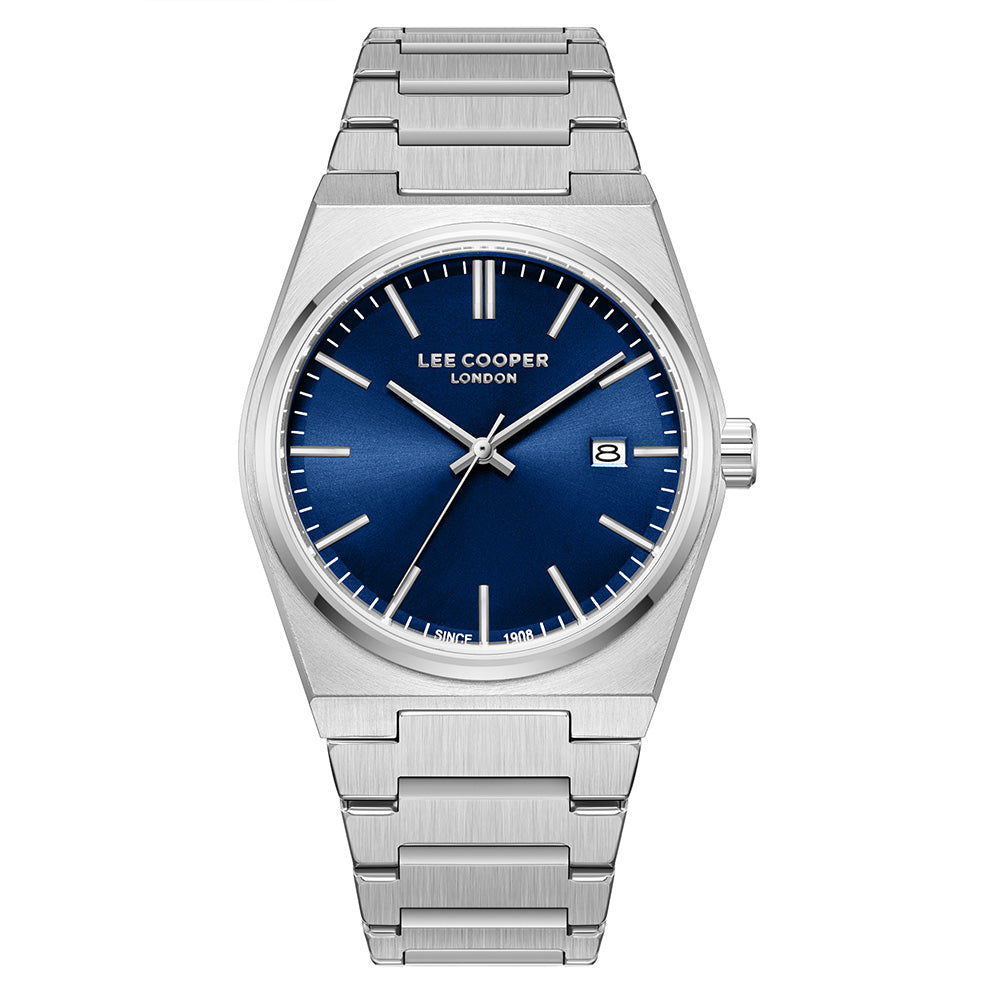 Lee Cooper Men's Date Analog Watch with Dark Blue Dial and Stainless Steel Band, LC08196.390