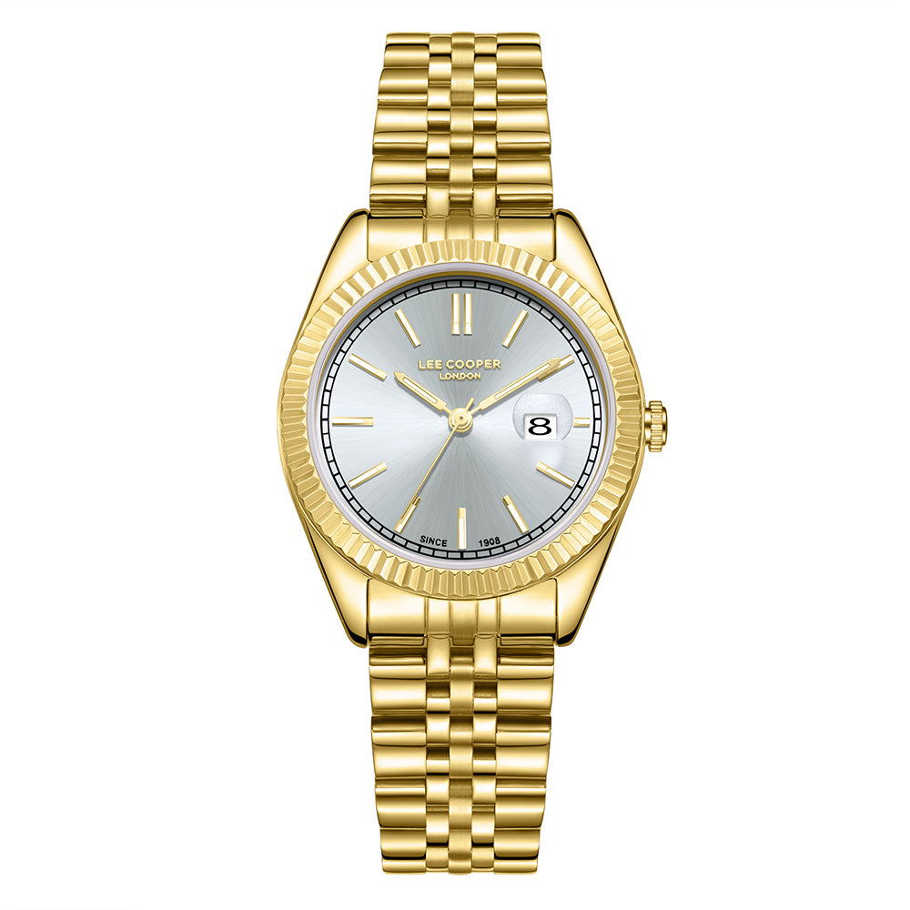 Lee Cooper Women's Analog Watch with Silver Dial and Gold Stainless Steel Band, LC08210.130