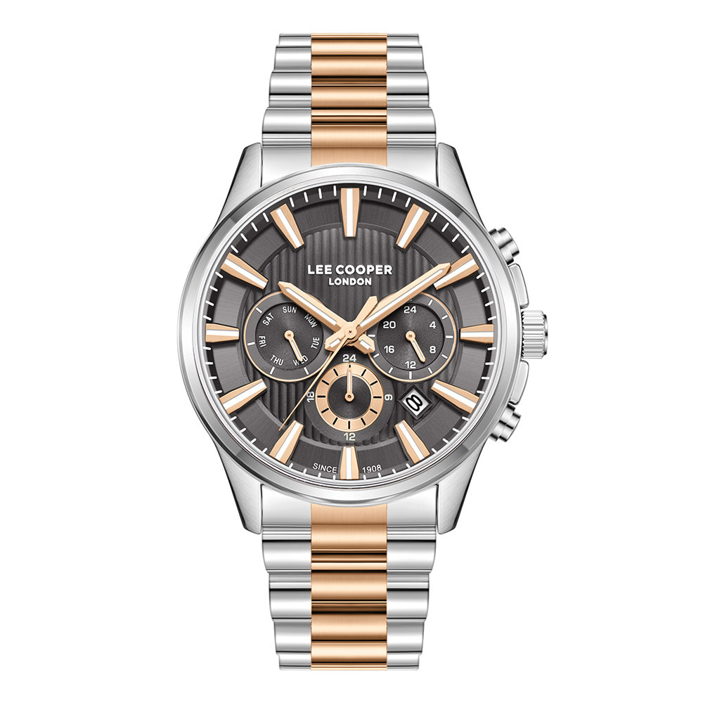 Lee Cooper Men's Multifunction Watch with Gunmetal Dial and Silver/Rose Gold Stainless Steel Band, LC08216.550